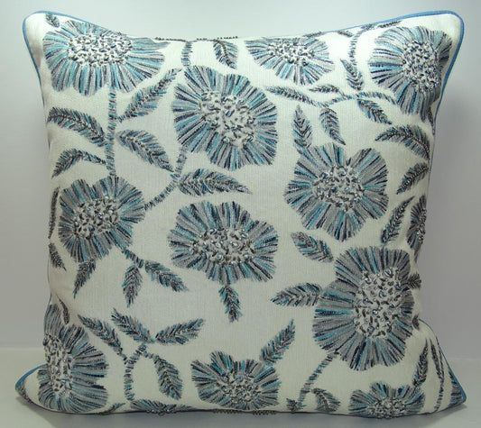 Blue Bead Embroidered Pillow Cover