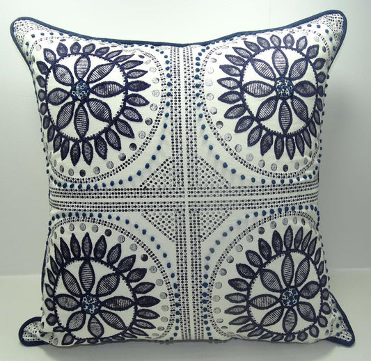 Blue Hand Knotted Embroidered Pillow Cover