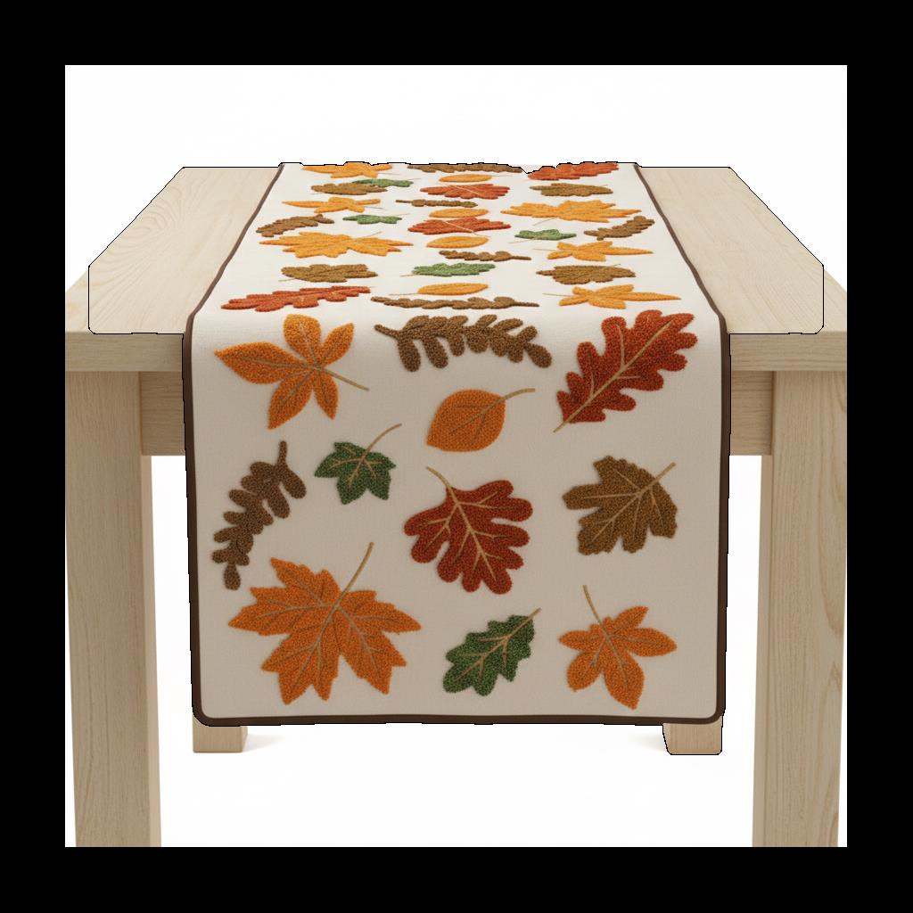 Autumn Scatter Leaves Embroidered Table Runner â€“ Fall Harvest Dining DÃ©cor