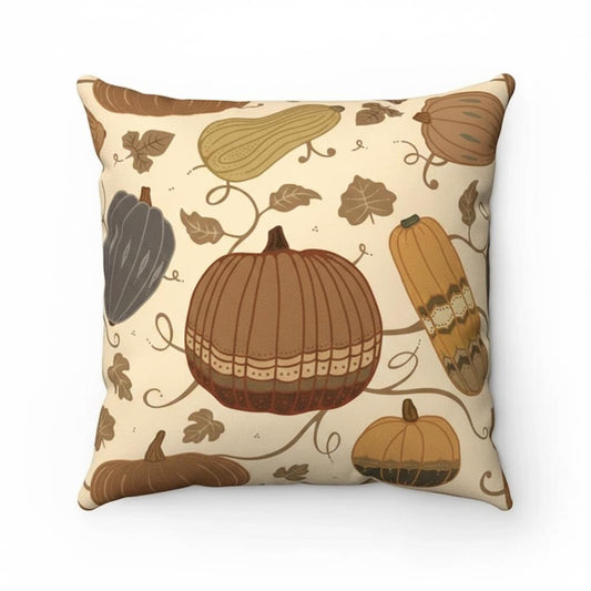 Illustrated Pumpkin Gourd All-Over Print Cushion Cover â€“ Vintage Autumn Style