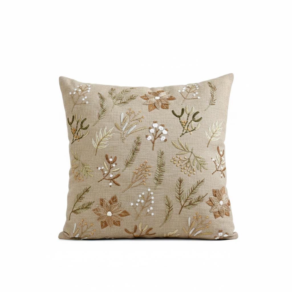 Winter Botanical Poinsettia & Pine Embroidered Cushion Cover â€“ Linen Gold Pearl