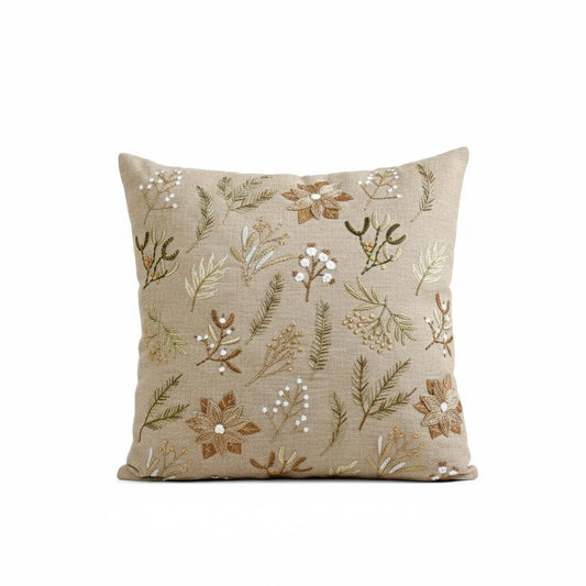 Winter Botanical Poinsettia & Pine Embroidered Cushion Cover â€“ Linen Gold Pearl