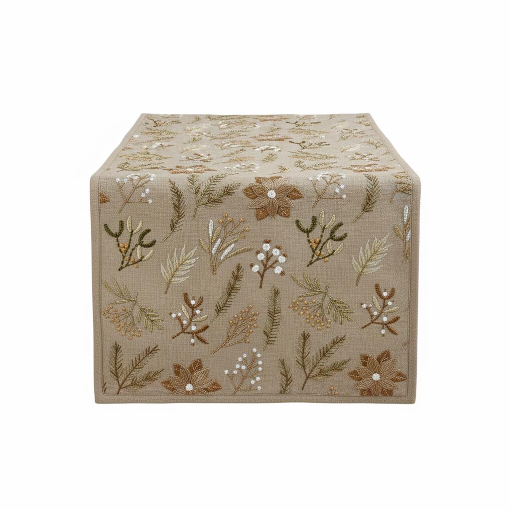 Winter Botanical Poinsettia & Pine Embroidered Table Runner â€“ Gold Pearl Linen