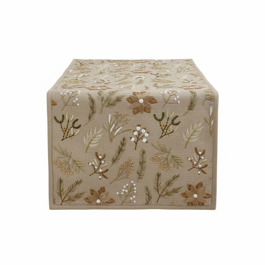 Winter Botanical Poinsettia & Pine Embroidered Table Runner â€“ Gold Pearl Linen