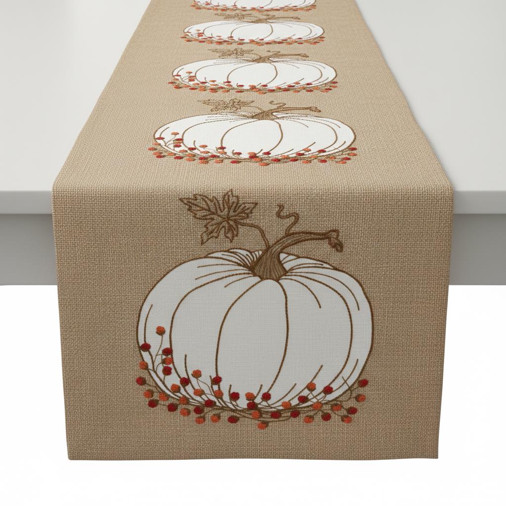 Rust & Sage Colour Block Daisy Embroidered Table Runner â€“ Boho Harvest DÃ©cor