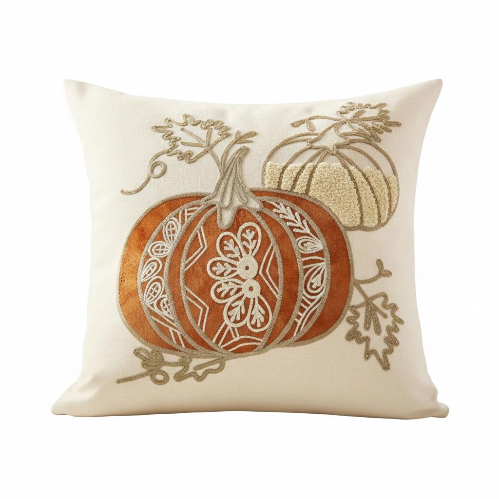 Harvest Pumpkin Duo Embroidered Decorative Throw Pillow Cover â€“ Cream Ivory
