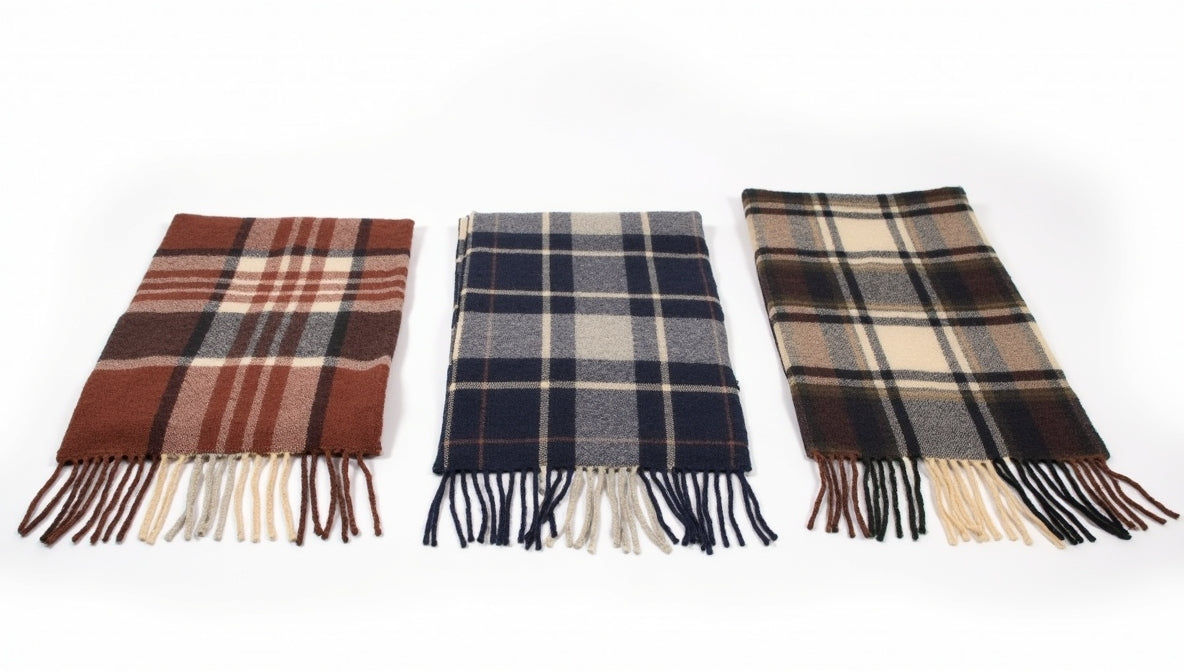 Rust Brown & Navy Heritage Tartan 100% New Zealand Lambswool Throw with Fringe