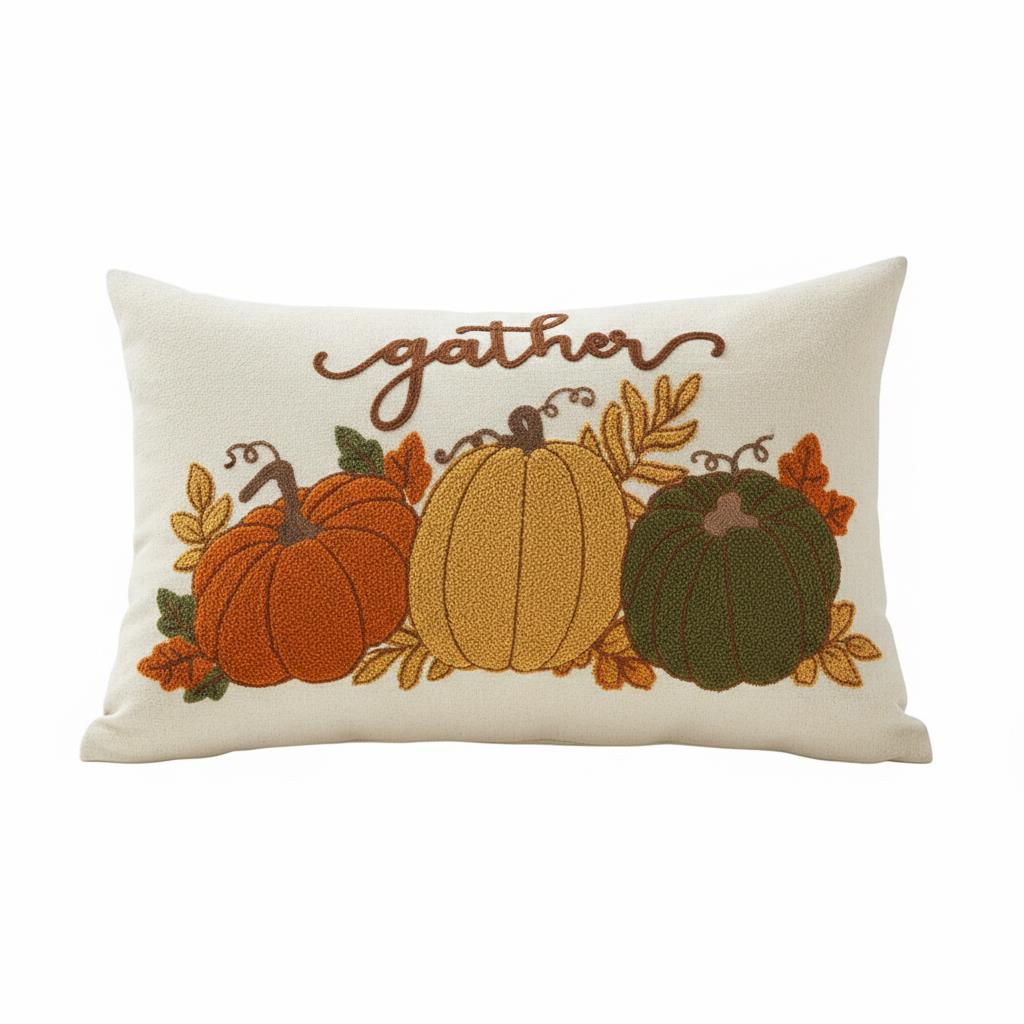 Gather Pumpkin Trio Embroidered Lumbar Pillow Cover â€“ Thanksgiving Autumn DÃ©cor