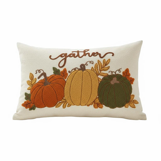 Gather Pumpkin Trio Embroidered Lumbar Pillow Cover â€“ Thanksgiving Autumn DÃ©cor
