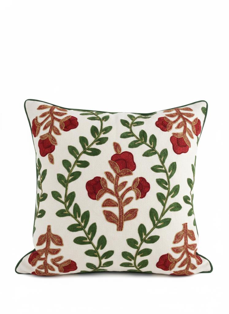 Red Rose & Green Leaf Floral Embroidered Cushion Cover â€“ Holiday Botanical DÃ©cor