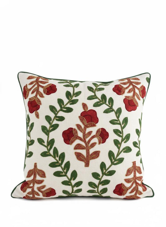 Red Rose & Green Leaf Floral Embroidered Cushion Cover â€“ Holiday Botanical DÃ©cor