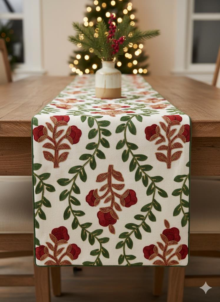 Red Rose & Green Leaf Floral Embroidered Table Runner â€“ Holiday Dining DÃ©cor