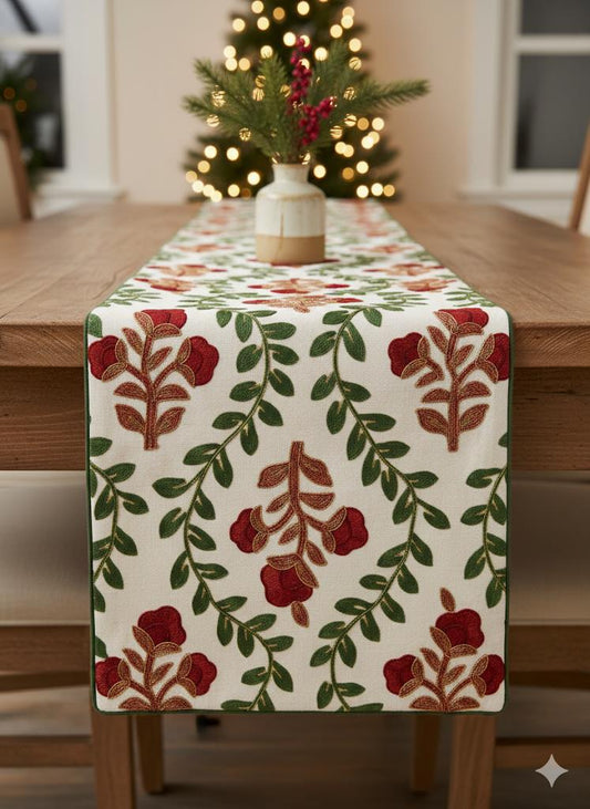 Red Rose & Green Leaf Floral Embroidered Table Runner â€“ Holiday Dining DÃ©cor