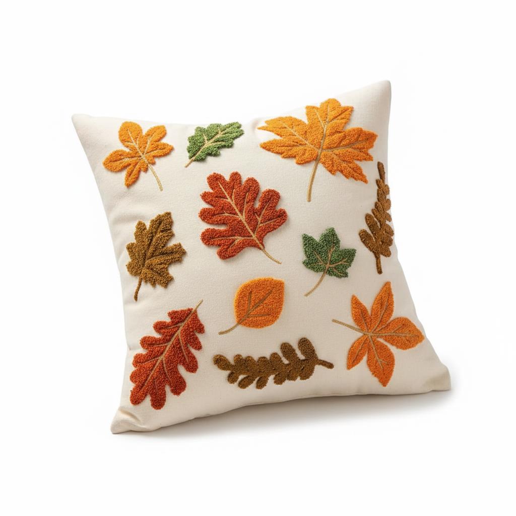 Autumn Scatter Leaves Embroidered Cushion Cover â€“ Orange Red Gold on Cream
